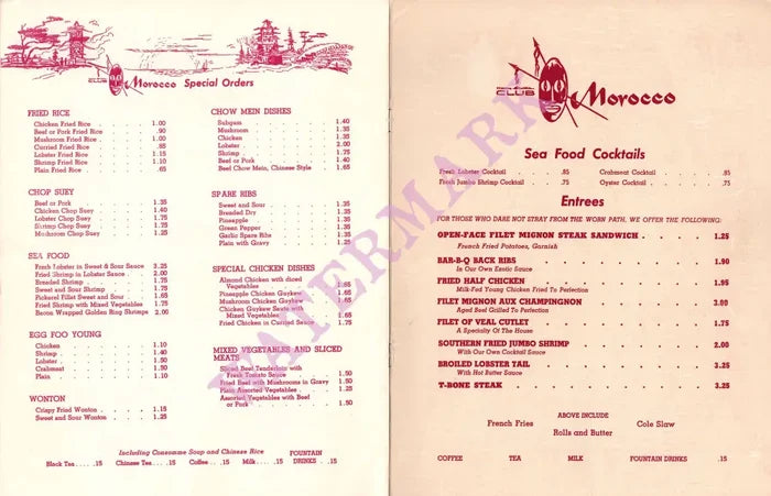 Club Morocco, Winnipeg 1960s Menu