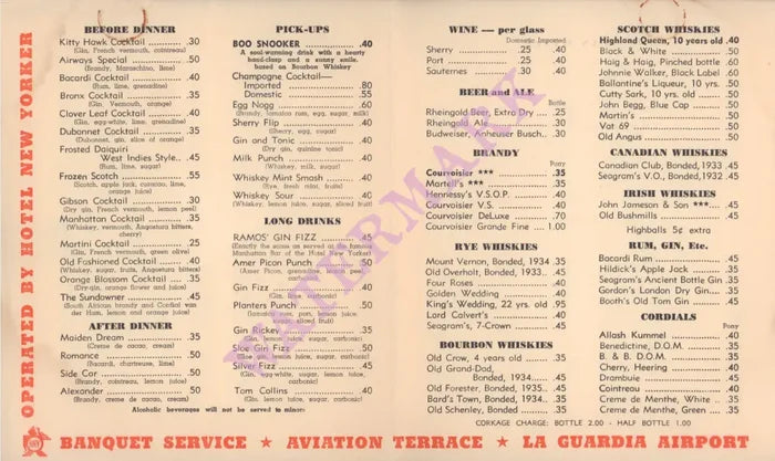 Cocktails, La Guardia Airport 1940 by Laszlo Matulay Menu