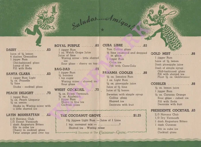 Cocoanut Grove Cocktails, Ambassador Hotel Los Angeles 1930s/40s Menu
