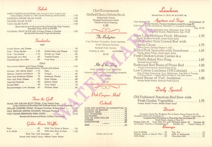 Coffee House, Pick - Congress Hotel, Chicago 1961 Menu