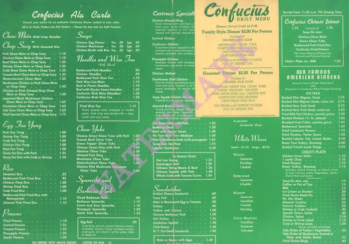 Confucius, Oakland 1950s Menu