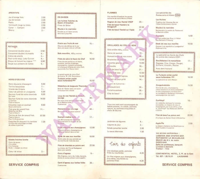 Continental Hotel, Lausanne Switzerland 1990s Menu
