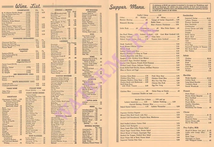 Cotton Club, New York 1930s Wine List & Supper Menu