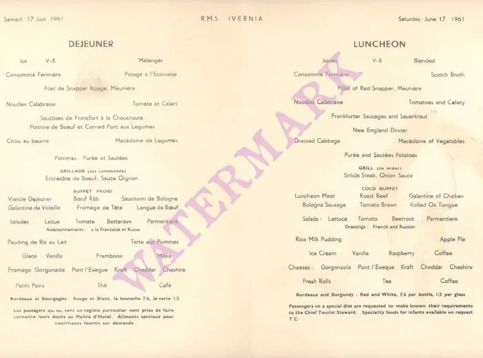 Cunard RMS Ivernia 1961 Menu