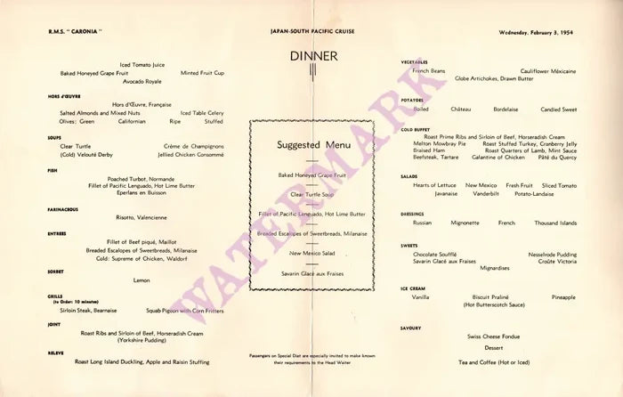 Cunard Royal Mail Ship Caronia, 1954 Menu
