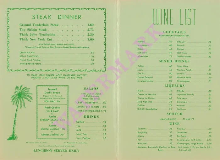 Damon's, Glendale 1950s/1960s Menu