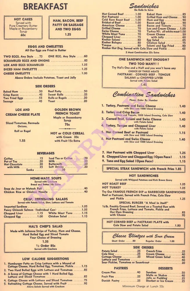 Desilu Cahuenga Studio Commissary, Hollywood 1960s Menu