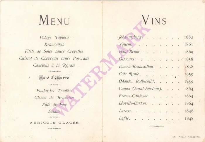 Dinner to Honor Monsieur Johnston, Bordeaux 1880s Menu and Wine List