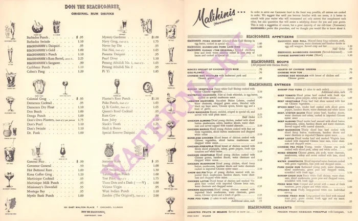 Don The Beachcomber, Chicago 1960s Menu