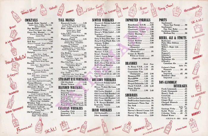 Drinks Parade. Hotel Roosevelt New York 1950s Drinks Menu