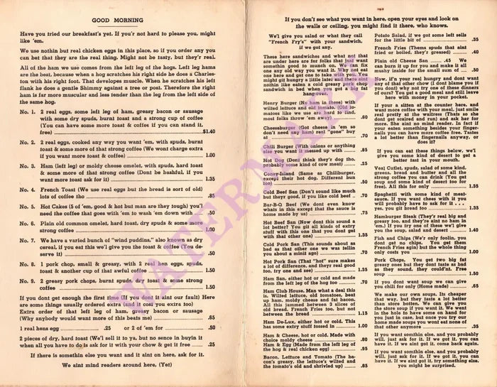 Duck Inn, Anchorage 1958 Menu