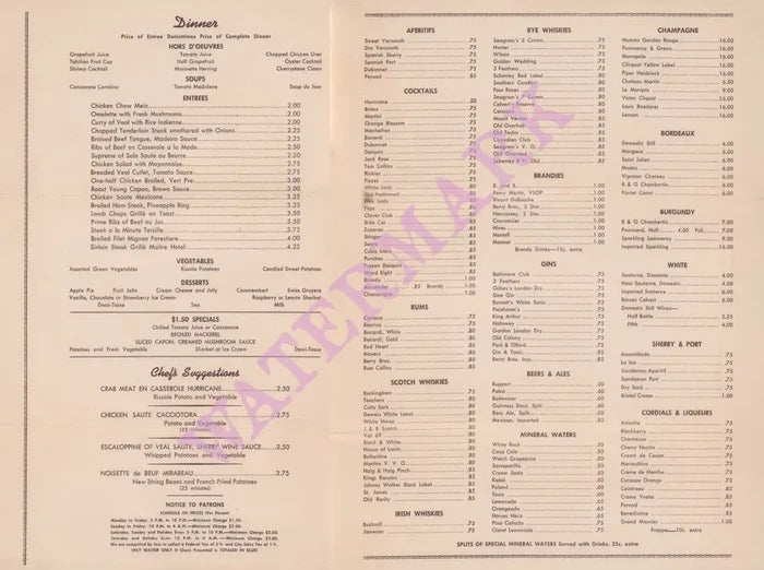 Duke Ellington at The Hurricane, New York 1943 Menu