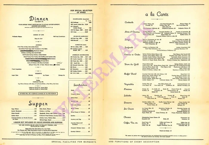 Earl Carroll, Hollywood 1940s Menu
