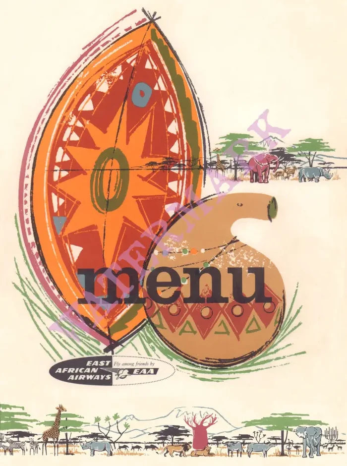East African Airways, In-Flight Menu, 1970s menu art