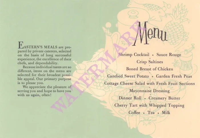 Eastern Airlines In-Flight Menu, 1960s Menu Art- food menu