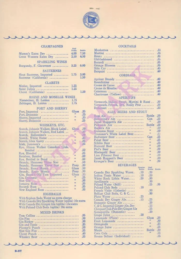 Eastern Steamship Lines, SS Acadia 1930s Wine list and cocktails