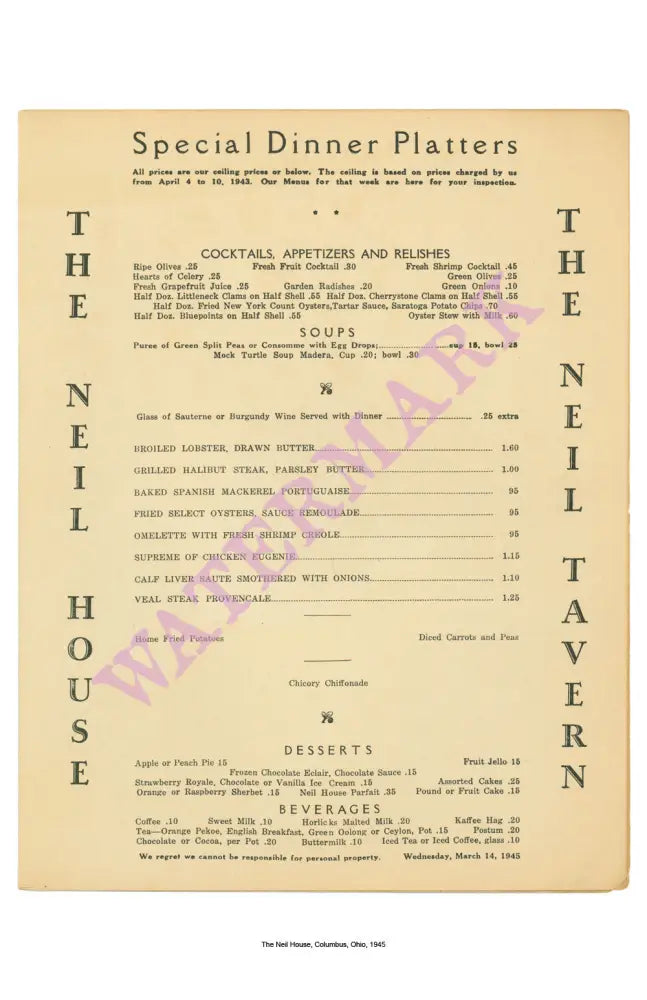 The Neil House Interior Menu 1945