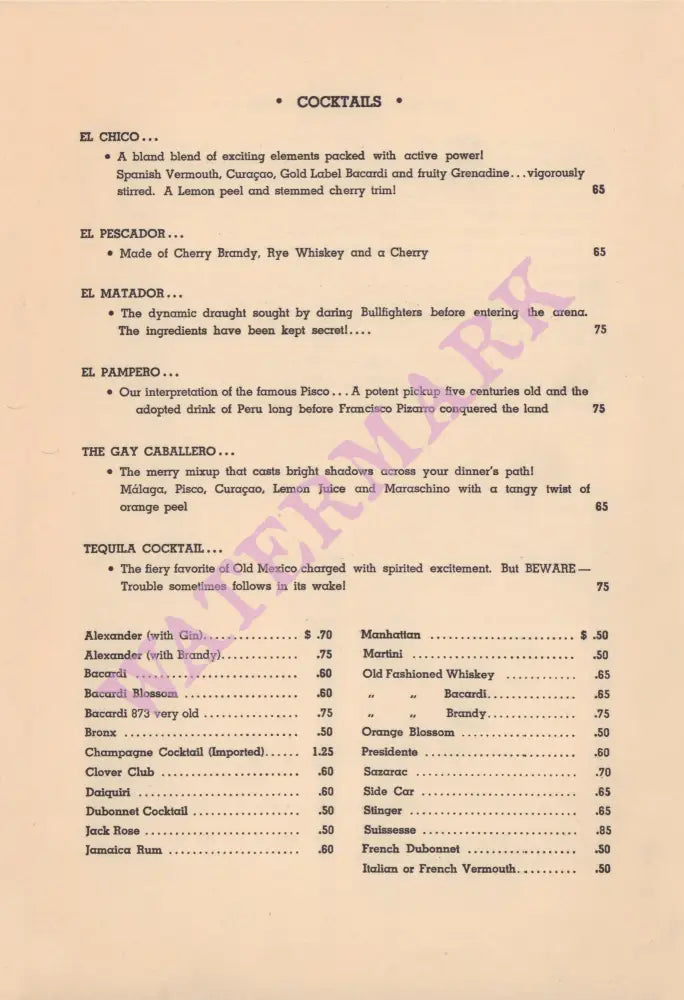 El Chico, New York 1939 Cocktails