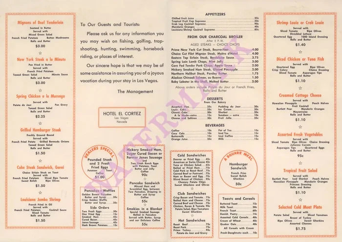 El Cortez, Las Vegas 1950s Menu