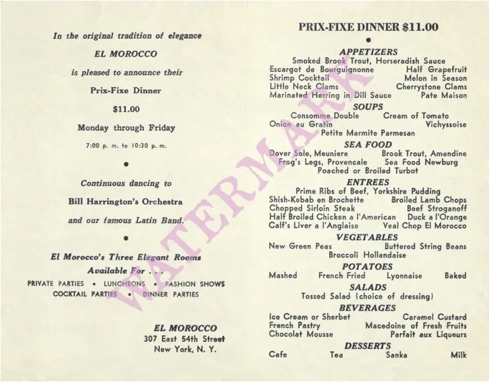 El Morocco Black & White New York 1961 Vintage Americana Menus