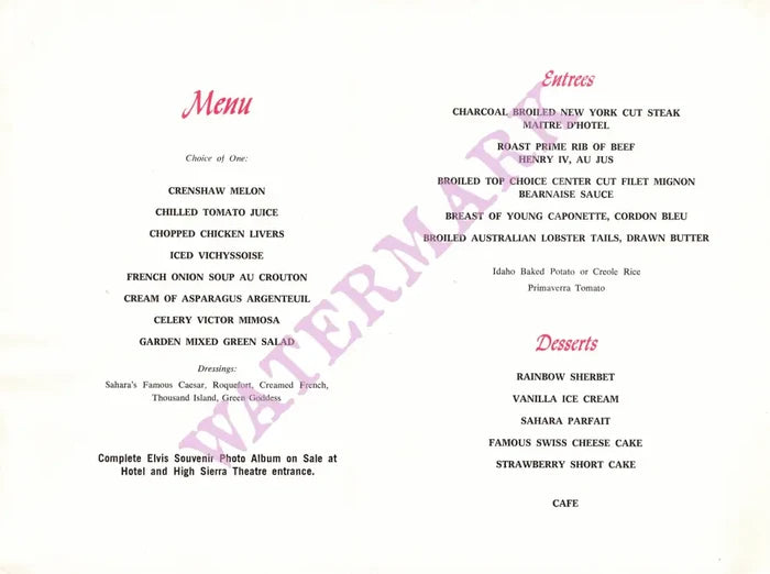 Elvis, Summer Festival Sahara Tahoe 1971 pre show Menu