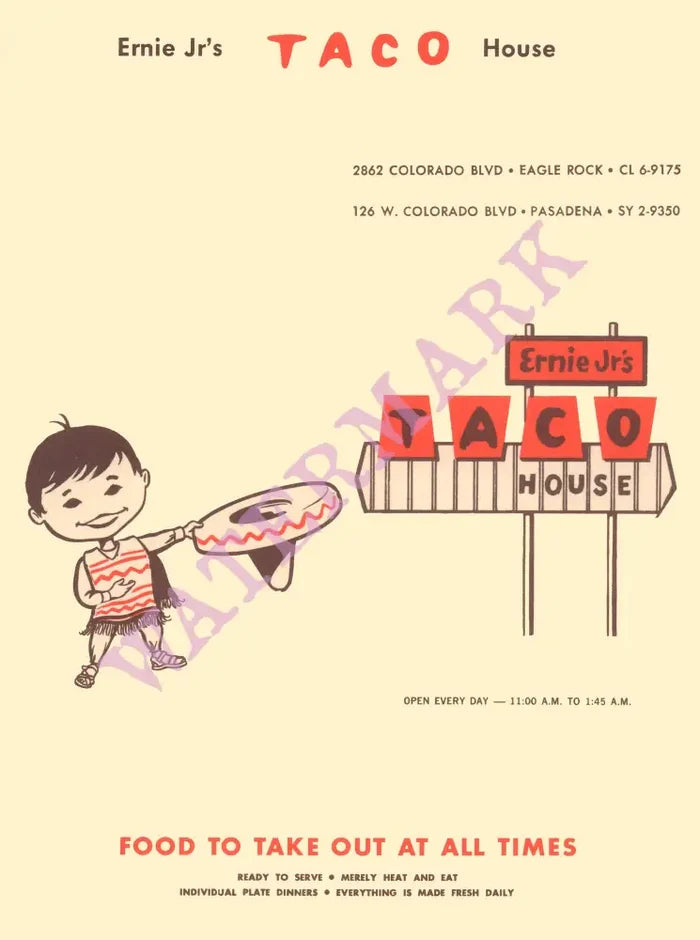 Ernie Jr's Taco House, Pasadena/Eagle Rock 1970s Menu Art
