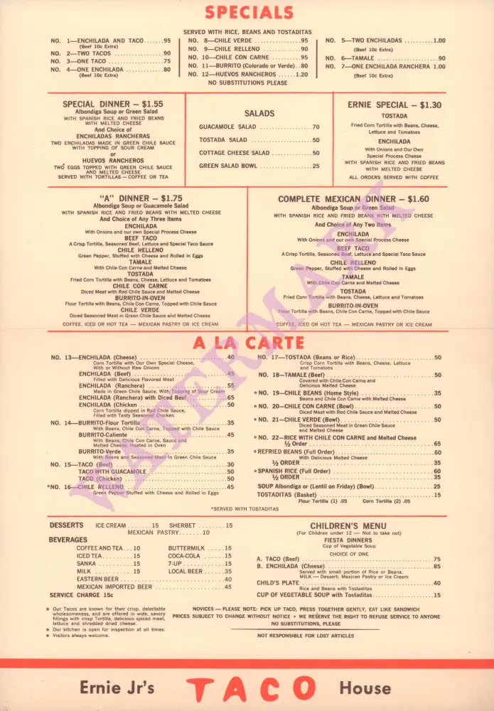 Ernie Jr's Taco House, Pasadena/Eagle Rock 1970s Menu