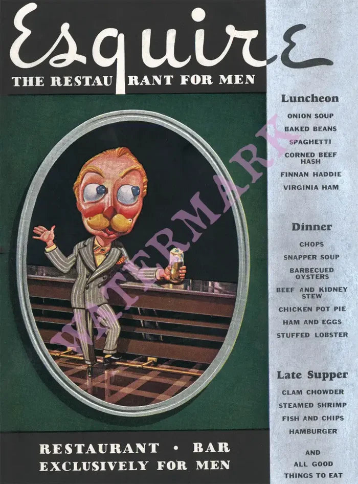 Esquire Restaurant For Men, Penn-Harris Hotel, Harrisburg, PA 1930s Menu Art