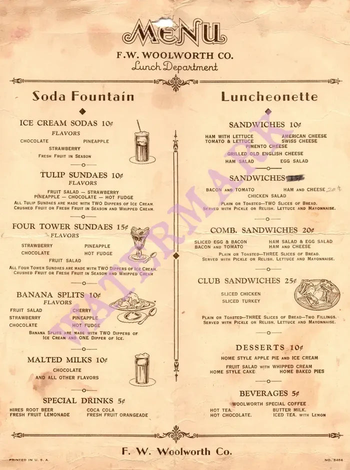 F. W. Woolworth, Sacramento 1930s Menu