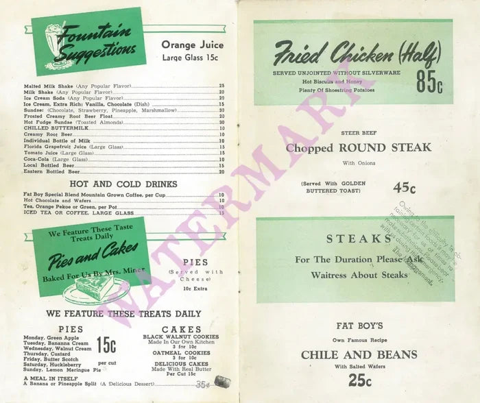 Fat Boy Drive-In, Redwood City, California 1940s Menu