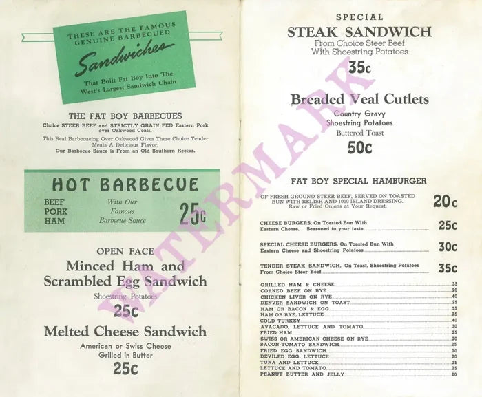 Fat Boy Drive-In, Redwood City, California 1940s Menu