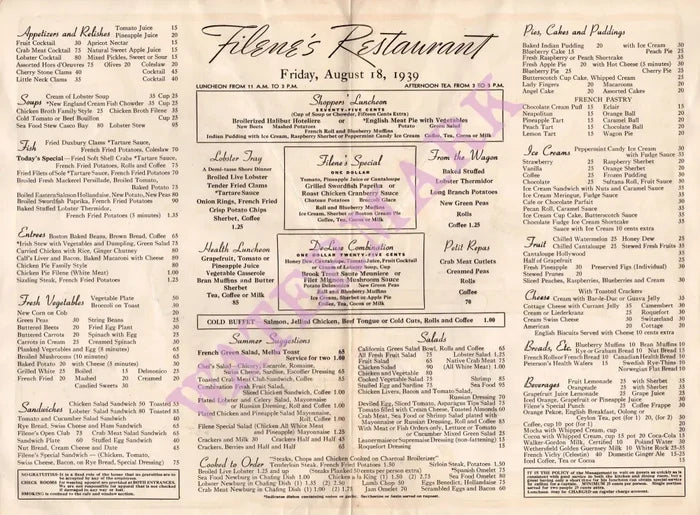 Filene's, Boston 1939 Menu