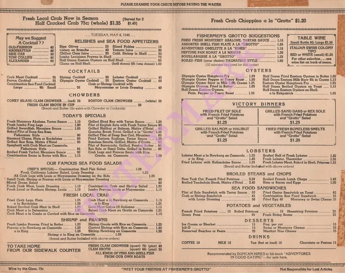 Fisherman's Grotto No. 9, San Francisco 1948 Menu