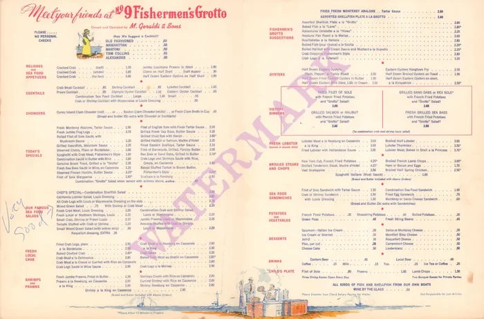 Fisherman's Grotto No. 9, San Francisco 1950s Menu