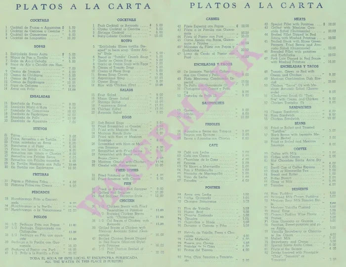 Fonda Santa Anita, Mexico 1960 menu