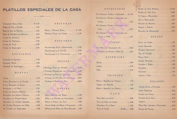Fonda Santa Anita, Mexico City 1948 Menu
