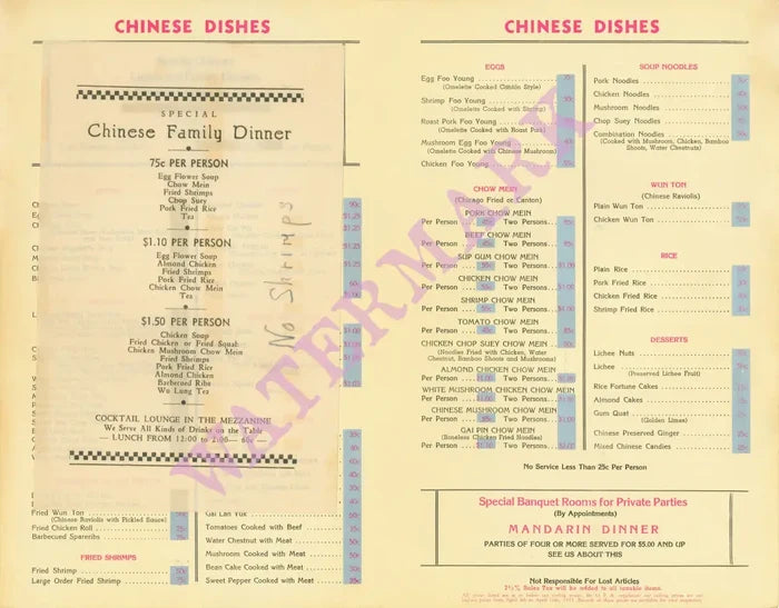 Forbidden Palace, Los Angeles 1943 Menu