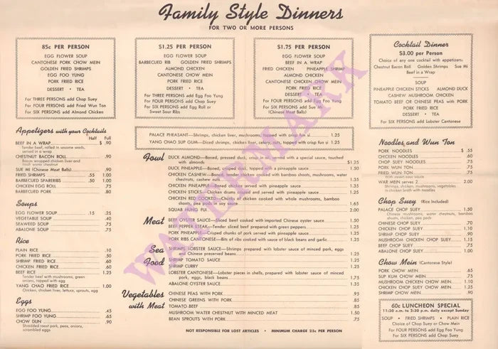 Forbidden Palace, Los Angeles 1955 Menu