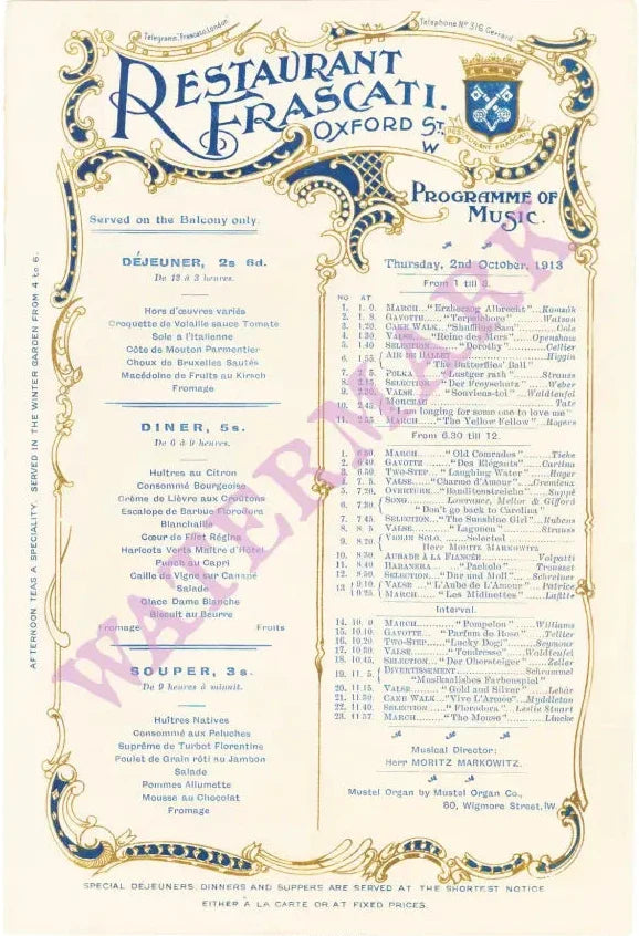 Frascati, London, 1913 Vintage Menu