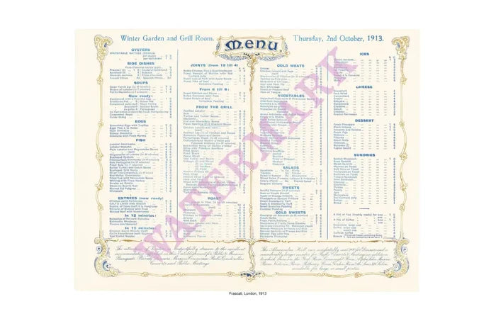 Frascati, London, 1913 Vintage Menu