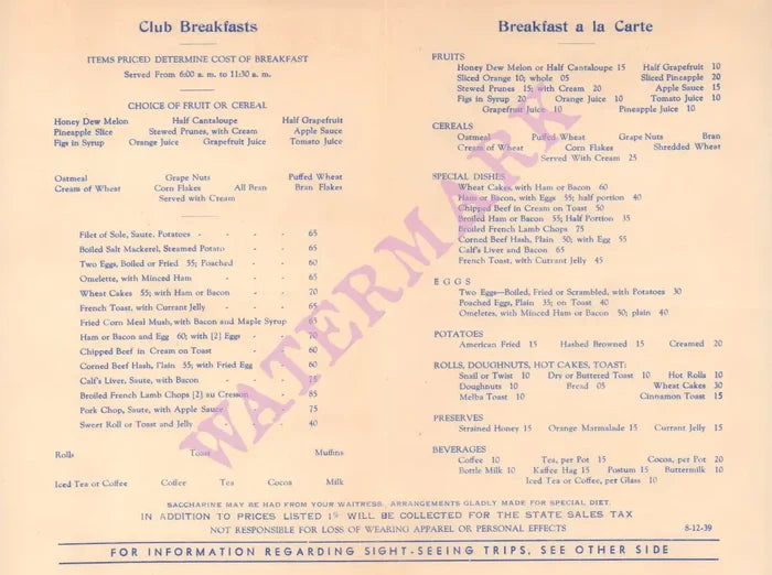 Fred Harvey Bright Angel Lodge, Grand Canyon Arizona 1939 Menu
