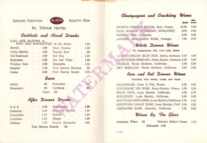 Fred Harvey El Tovar Hotel, Grand Canyon 1970 Drinks Menu