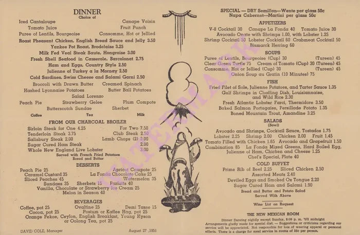 Fred Harvey La Fonda Old Santa Fe 1951 menu