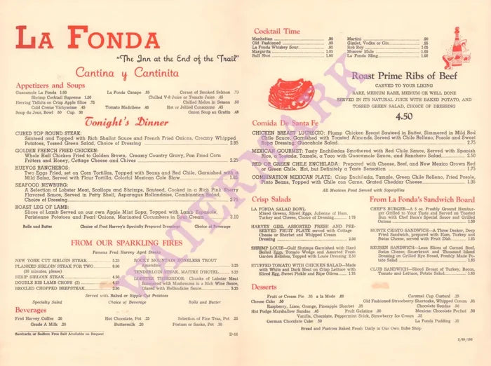Fred Harvey La Fonda, Santa Fe 1969 mENU