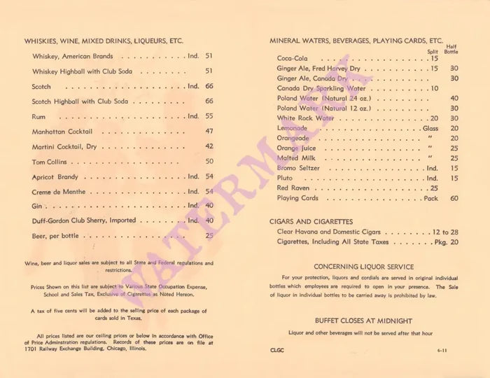 Fred Harvey, Santa Fe 1950s Wine List