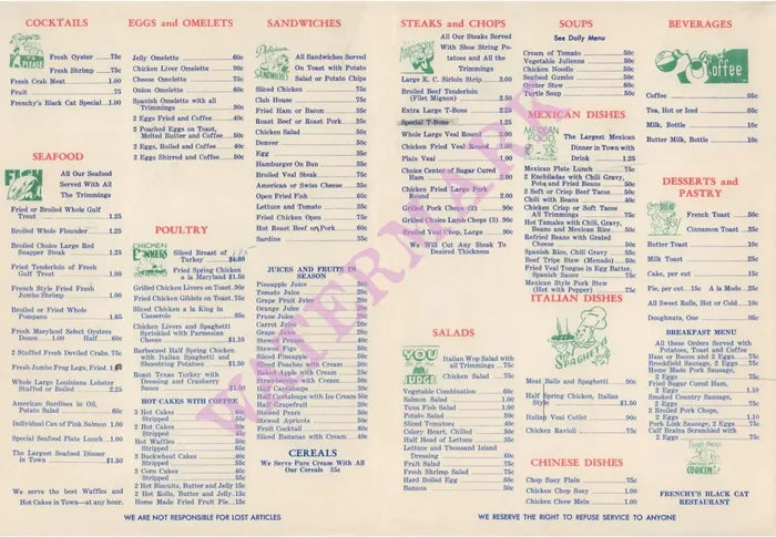 Frenchy’s Black Cat San Antonio Texas 1940s/1950s Rear Print Vintage Americana Menus