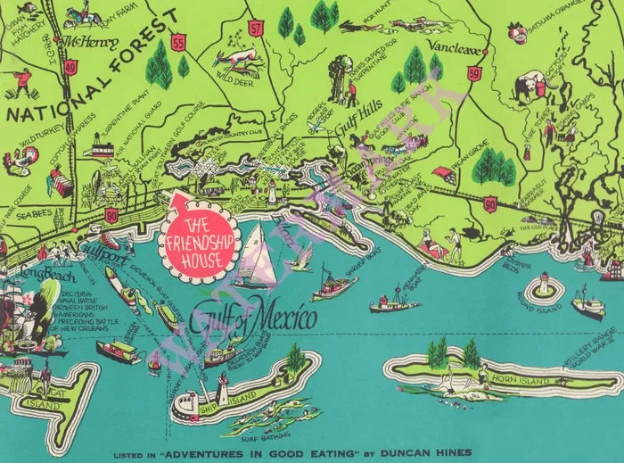 Friendship House, Biloxi 1960 Gulf Map Menu art
