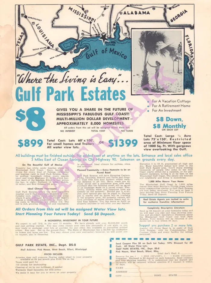 Friendship House, Biloxi 1961 Gulf Park estates $8 deposit