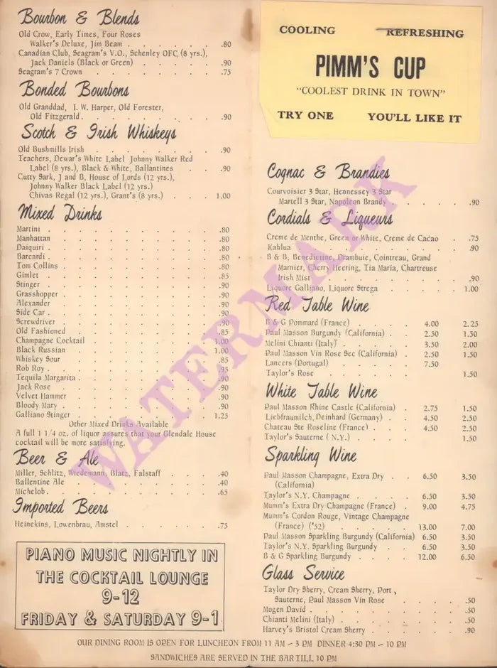 Glendale House, Indianapolis 1950s Cocktail Menu