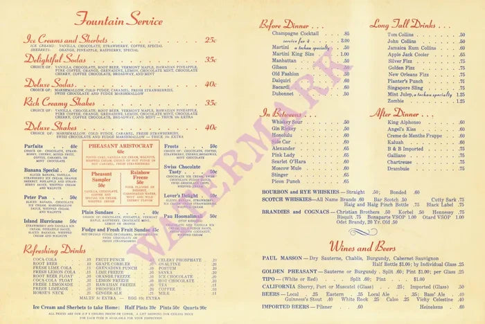 Golden Pheasant, San Francisco 1950s Menu